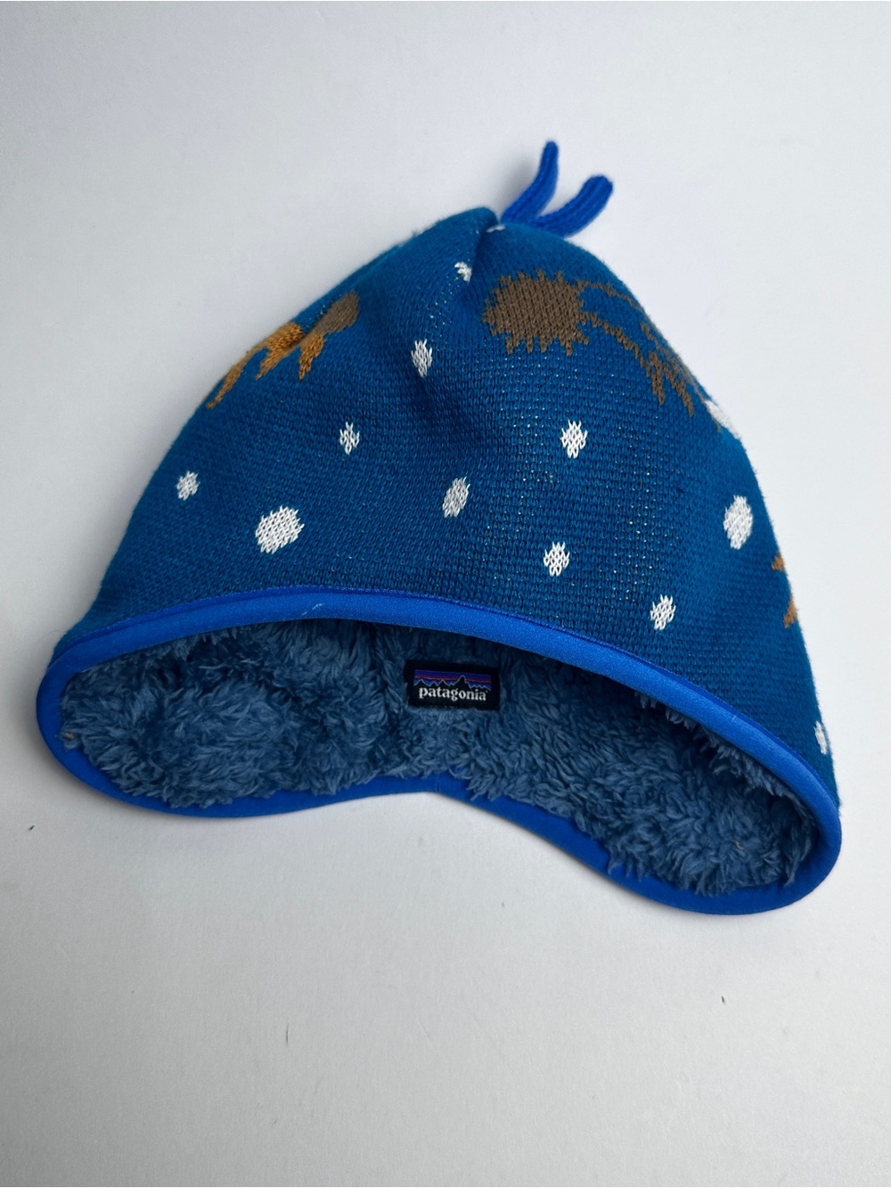 Patagonia Kids Winter Hat Blue Knit Fleece Lined Ear Flap Animal Print